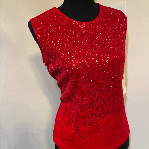 NWT - M Red Glitter Short Sleeve Spandex Top, The Travel Collection - Hip Length - Picture 1 of 13